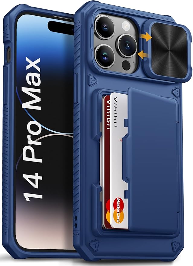 Vihibii for iPhone 14 Pro Max Wallet Case with Card Holder (4 Cards), [RFID Blocking] & Slide Lens Camera Cover & Raised Edges Protect Screen, Shockproof Rugged Wallet Phone Case, 6.7" 2022, Blue