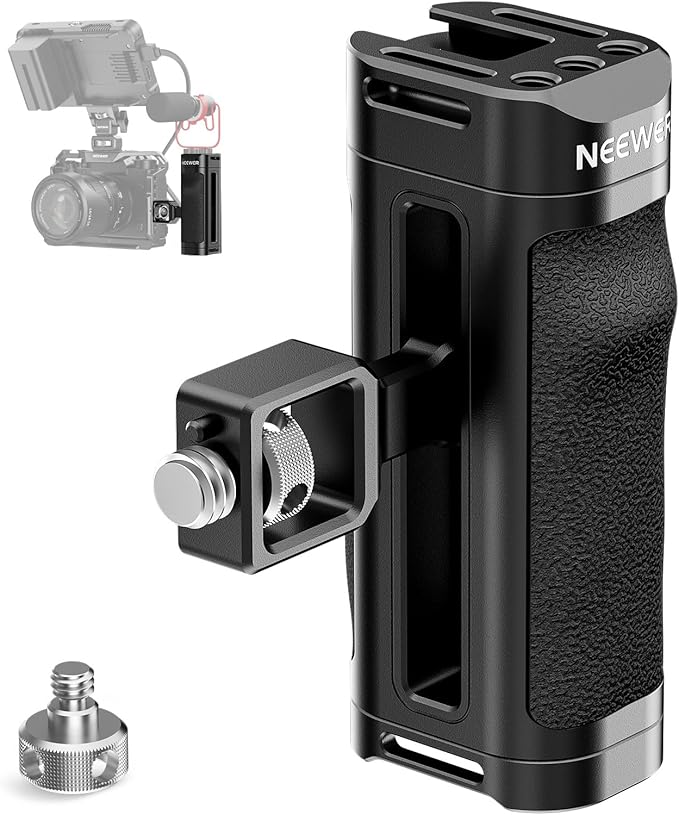NEEWER Side Handle for Camera Cage, Lightweight ABS + PC Side Handgrip with Nonslip Contoured Silicone, 3/8" & 1/4" Screws, Anti Twist Locating Pin, Vertically Adjustable Arm, Cold Shoe, CA069H