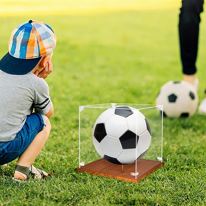 Clear Acrylic Soccer Ball Display Case with Wood Base & Tee, Memorabilia Stand Cube Holder, Dust Protection Transparent Storage Box for Single Ball Souvenir Soccer Ball Collections