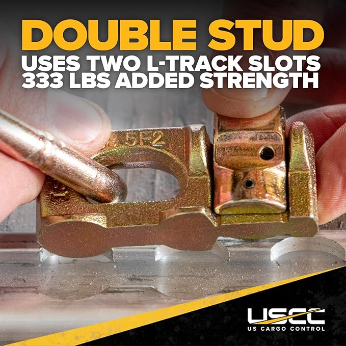 US Cargo Control Double Stud L Track Fittings with Pear Link (4-Pack), 5,000 Pounds Break Strength, Use with L Track Rails in Truck Bed or Trailer, Automatic Locking with Spring Release