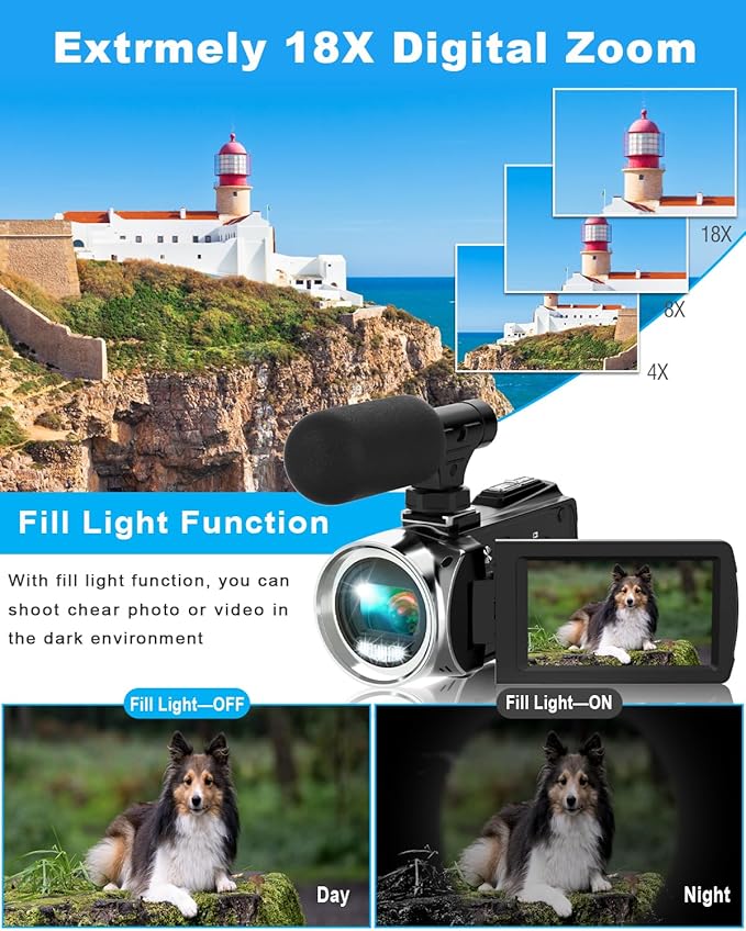 Rawiemy Video Camera Camcorder FHD 4K 36MP Vlogging Camera for YouTube Video Recorder 3.0" 270 Degree Rotation Screen Video Cameras for Filming with Microphone,32GB SD Card (Black)