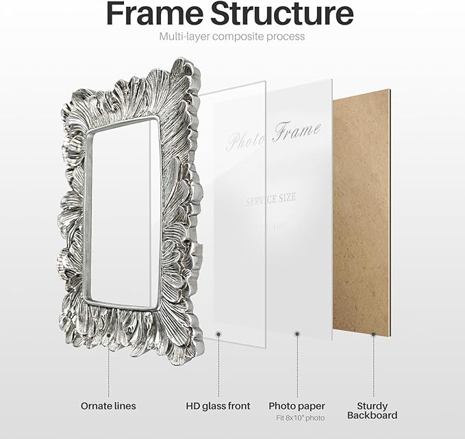 Cuspin Silver 8x10 Picture Frame, Vintage Silver Ornate Palm Leaves Textured Hand-Crafted Resin with Glass Front, Elegant Retro Design Photo Frame for Wall Hanging and Tabletop Display Home Decor