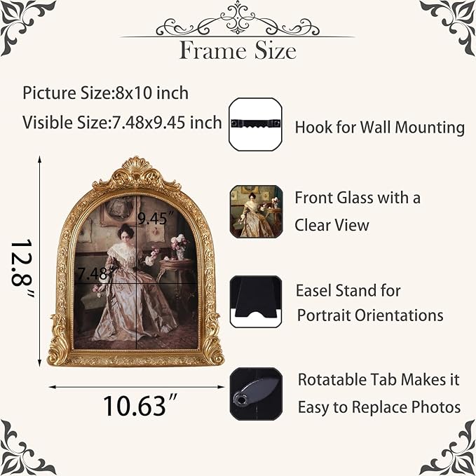 Vintage Picture Frames 8x10 Ornate Bronze Antique Picture Frames for Wall and Tabletop Vintage Photo Frame Victorian Home Decor Gallery Wall Decor in Arch Shape