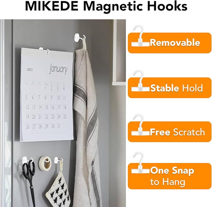 MIKEDE Magnetic Hooks Heavy Duty, 170LB Super Strong Magnetic Hooks for Cruise, Neodymium Earth Magnets with Hook for Hanging, Magnetic Metal Hanger for Fridge, Toolbox, Storage, (White, 4 Pack)