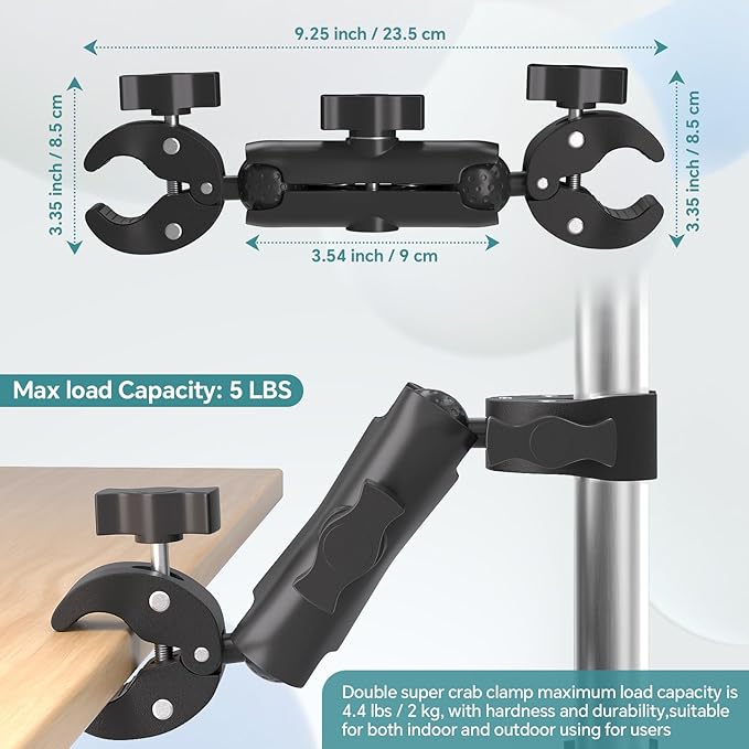 Super Double Clamp Mount Umbrella Camera Pole Clamp Holder,360° Magic Socket Arm Ball Head for Umbrella Chair Clip, Photo Studio Light Stand,Photo Boom Stand,Cross Bar,Stroller,Flag Holder Mount