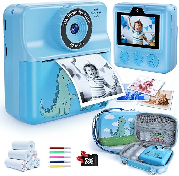 Kids Camera Instant Print, Digital Selfie Cameras with Carry Case & 5-Color Paper, Portable Toddler Toy Christmas Birthday Gifts for 3 4 5 6 7 8 9 10 11 12 Year Old Boys Girls - Blue