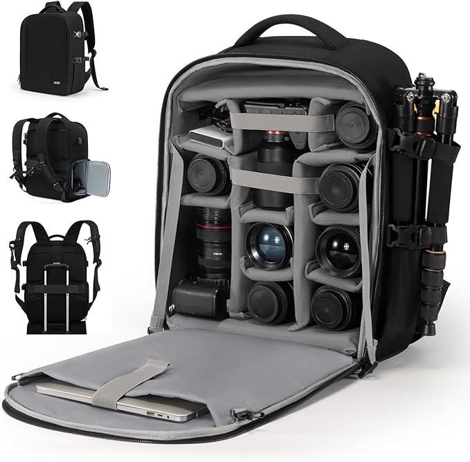 Cwatcun DSLR Camera Backpack，Large DSLR Camera Bag with 17" Laptop Compartment, Waterproof & Tripod Ready