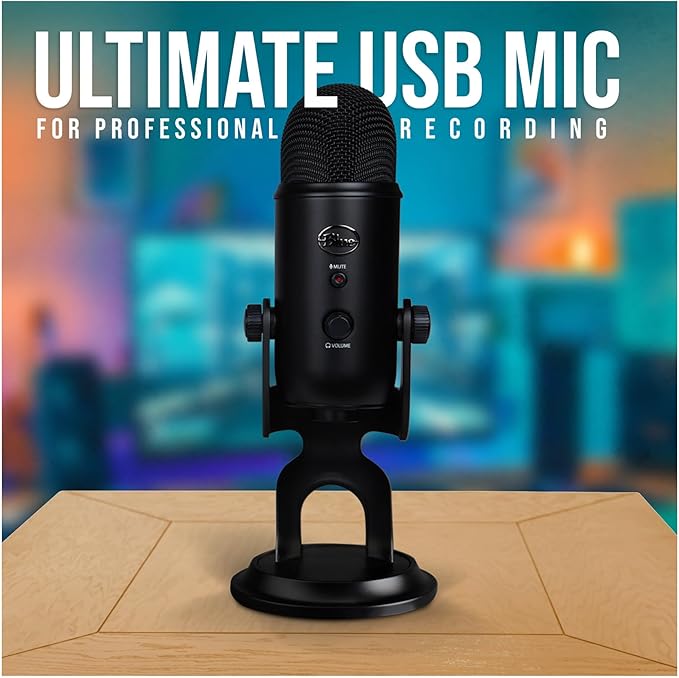 Blue Microphones Yeti Blackout USB Microphone Bundle with Desktop Boom Arm Microphone Stand, Closed-Back Studio Monitor Headphones and Pop Filter (4 Items)