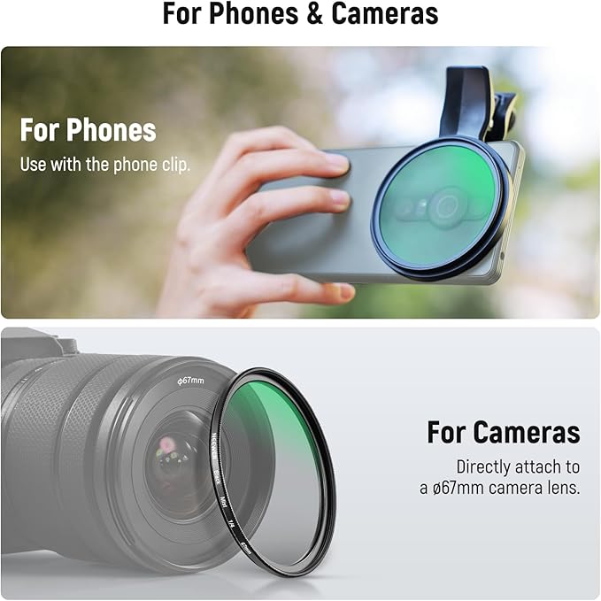 NEEWER 67mm Clip On Black Diffusion 1/4 Filter for Phone, Photography Camera Lens Accessories Kit Compatible with Android Samsung S25 Ultra Google Pixel Huawei Xiaomi, FL-B20