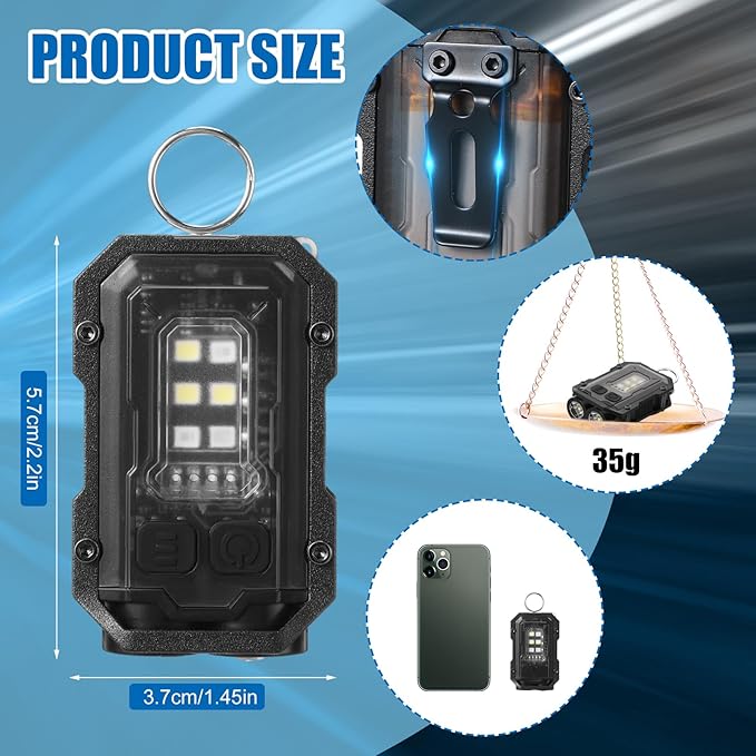 2 Pcs Mini EDC Flashlight Rechargeable Small Keychain Flashlight with White Red Blue Light, 800 High Lumens Pocket USB C LED Cob Portable Flash Lights with Clip and Magnet, 8 Modes