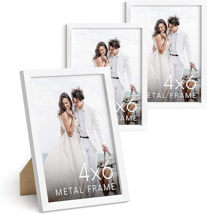 HAUS AND HUES 4x6 White Aluminum Frame Set of 3 - Vertical Hanging, Easel Back for Tabletop, Shatterproof Plexiglass (4x6 in, White)