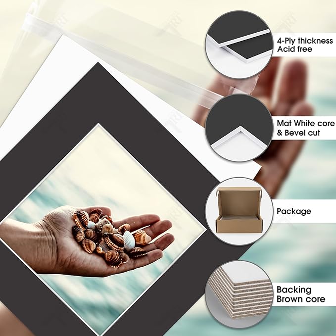 Golden State Art, Acid Free, Pack of 5, 12x12 Black Picture Mats Mattes with White Core Bevel Cut for 8x8 Photo + Backing + Bags