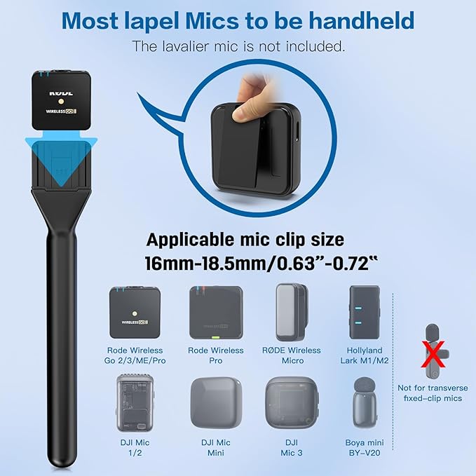 ZealSound Mic Handle for DJI Mic Mini/2/3, RODE Wireless GO 2/3, Hollyland Lark M1/C1, BOYA Mini & More, Wireless Lavalier Microphone Holder for Interviews, Vlogging, YouTube, TikTok, Reporting