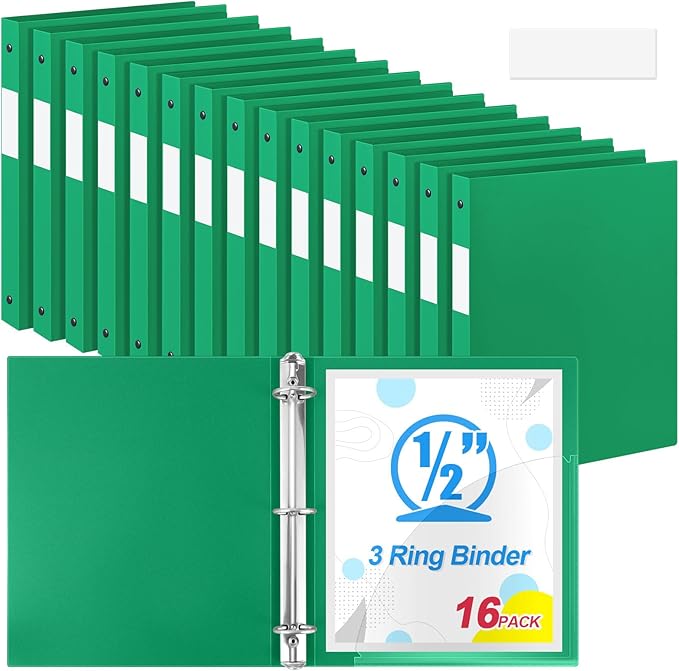 Henoyso 16 Pcs 3 Ring Binder 1/2'' Round Fits Letter Size 8.5'' x 11'' Paper Plastic Flexible Binder Holds 140 Sheets with 1 Pockets Versatile Organizer for Home Office School (Green)