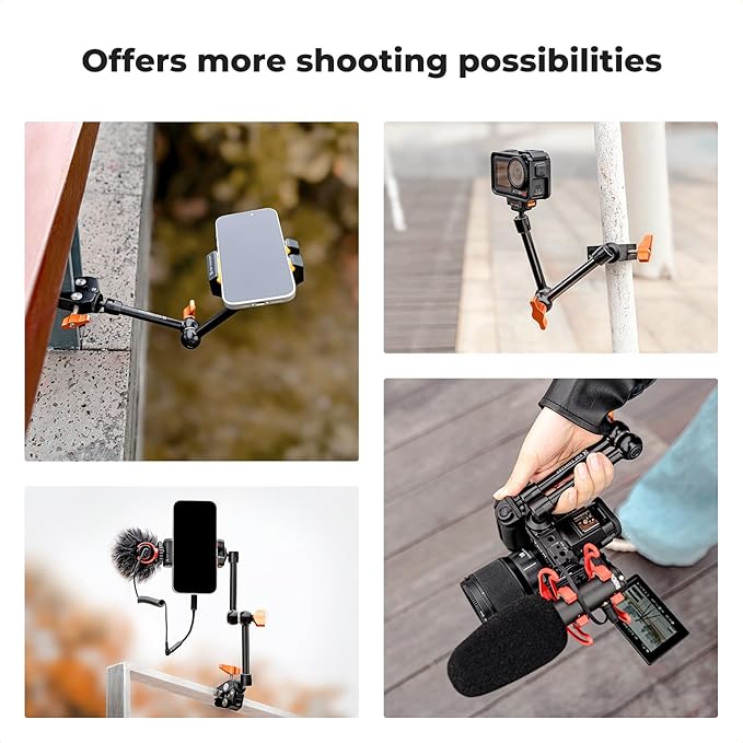 K&F CONCEPT 9.8" Magic Arm Clamp Kit with 1/4" & 3/8" Thread Screw 360° Ball Heads Articulating Magic Arm Camera Mount for Monitor, Flash, LED Light, Microphone, Camera Cage, Action Camera
