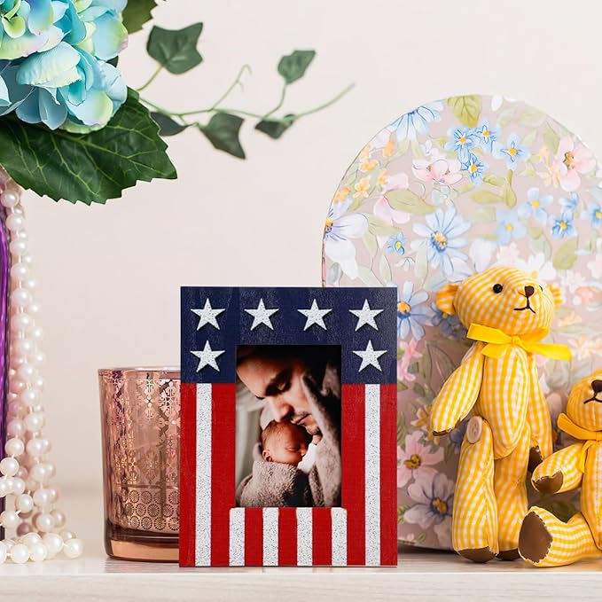 ABOOFAN American Flag Picture Frame, Independence Day Wooden Photo Frame, Desktop Picture Display Stand, 4th of July, Christmas Patriotic Decoration (6x8'', no Glass)