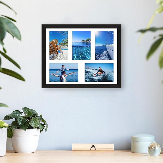 4"x6" Wood Photo Collage Frame 5 Openings, 11"x14" Multi Picture Frame Collage Wall Decor, Brushed Black Frame with White Mat, Solid Pine Wood