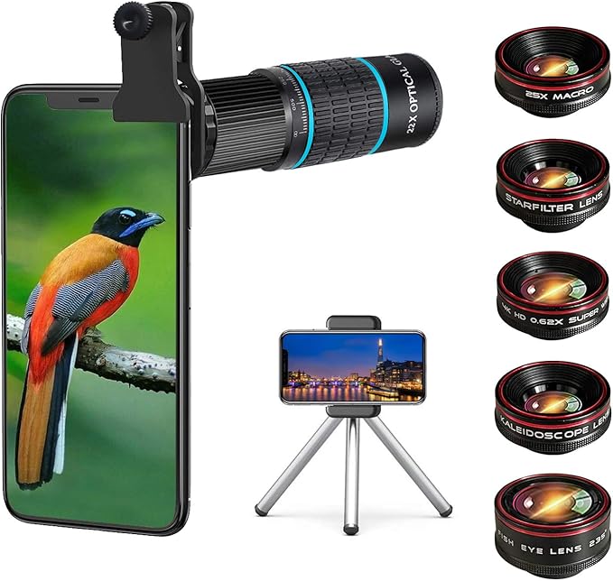 Phone Camera Lens Kit 10 in 1 for iPhone Samsung Pixel Android, 22X Telephoto Lens, 0.62X Super Wide Angle Lens&25X Macro Lens, 235° Fisheye,Kaleidoscopes, Starlight，Tripod，for Most Smartphone Black