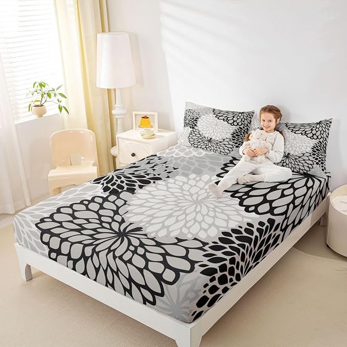Erosebridal Aztec Dahlia Bed Sheets for Adult Women Girls Floral Sheet Set Twin Size,Mexican National Flower Fitted Sheet Modern Floral Design Flat Sheet All Season Bedding Bedroom Decor, Black White