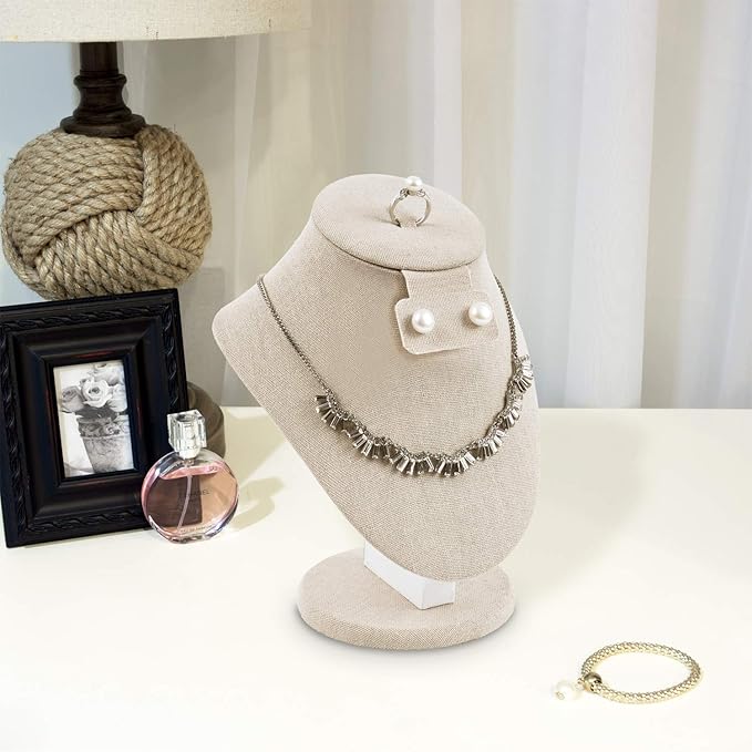 MOOCA 3 Pcs Set Tan Linen Combination Display Jewelry Stand Bust for Necklaces, Earrings, Rings, Jewelry Display For Vendors