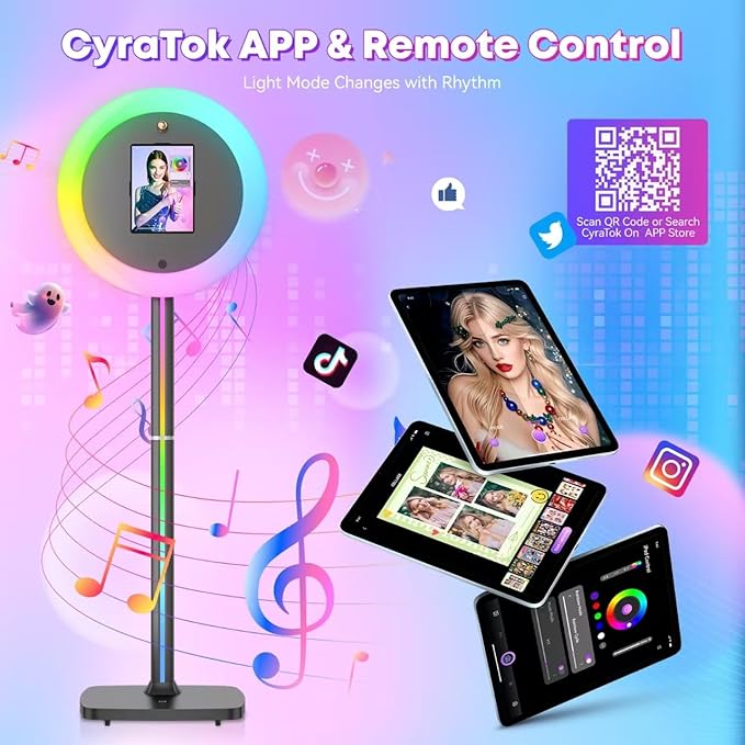 Portable Photo Booth for I pad 10.9in 10.2in 11in 12.9in, with Cyratok Software APP Control Ring Light, Lightweight & Rolling Base Selfie Photo Booth Machine for Weddings, Parties