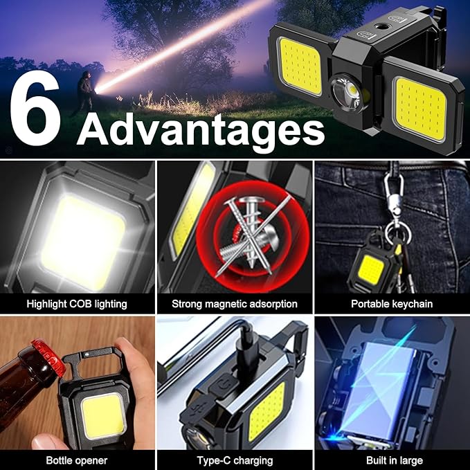 SEFONE Upgrade 2Pcs Cob Keychain Work Light 5 Modes, 90° Foldable Lamp, 1000 Lumens Rechargeable Mini Flashlight with Bottle Opener Magnet for Outdoor Camping Fishing Hiking, Gifts to My Man