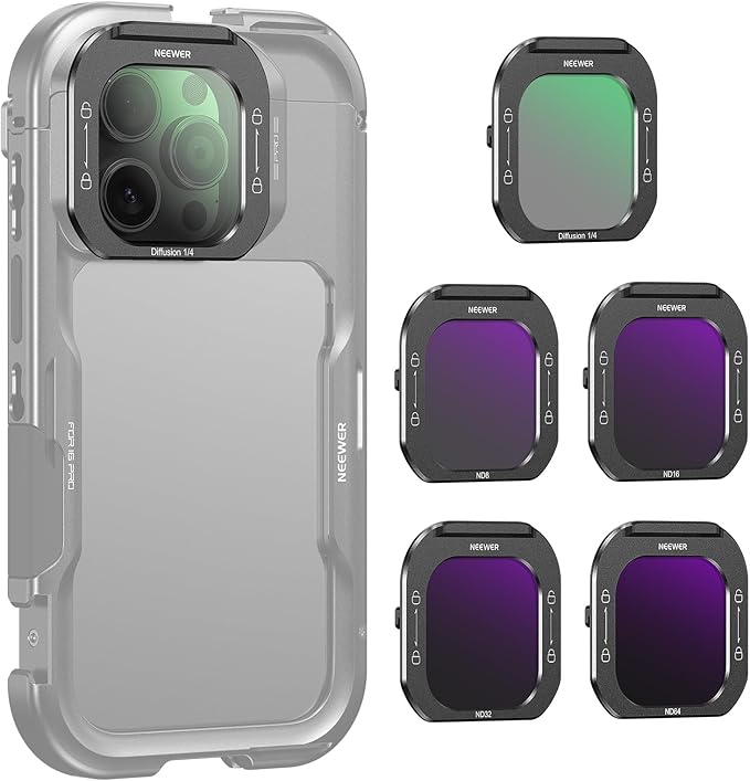 NEEWER Phone Lens Filter Kit (5 Pack), Black Diffusion 1/4/ND8/ND16/ND32/ND64 Quick Release HD Optical Glass Only Compatible with iPhone 16 Pro (PA073) & 16 Pro Max (PA074) Phone Cage
