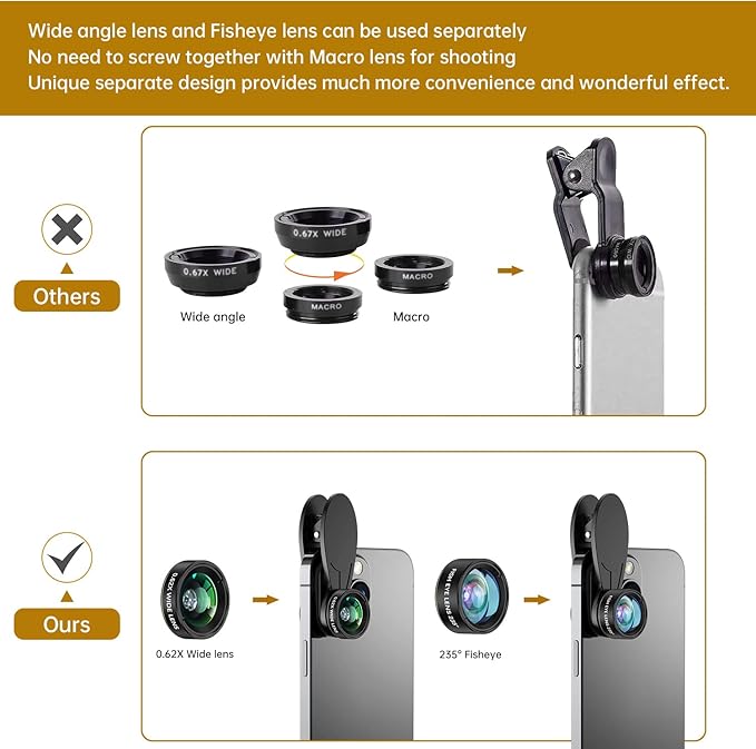 3-in-1 Smartphone Camera Lens Kit – 0.62× Wide Angle + 25× Macro + 235° Fisheye, Universal Clip-On Lens for iPhone/Samsung/Android Phones, Travel & Vlog Friendly