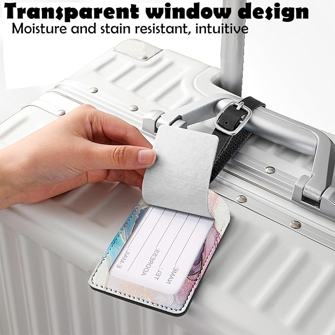 2 Pack Luggage Tag Suitcase Tags PU Leather Identifiers Privacy Cover Luggage Tags Aesthetic Cute Travel Bag Labels for Women Girls Men-Marble