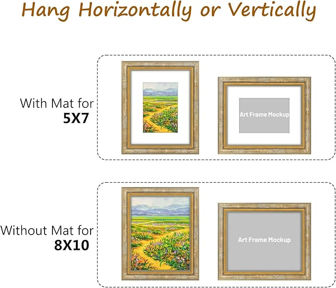 Golden State Art,8x10 Ornate Picture Frame for 5x7 Photo with Mat or 8 x 10 Prints without Mat, Real Glass Wall & Tabletop Display Horizontally or Vertically (Color:Vintage Gold)