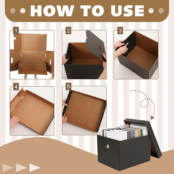 Kritkin 10 Pcs Archival Storage Cartons Bulk, 15 x 12 x 10 Inch Acid Free Buffered Corrugated Board Ready-To-Assemble Photo Storage Box for Storing Documents Magazines Photos Cards(Black)