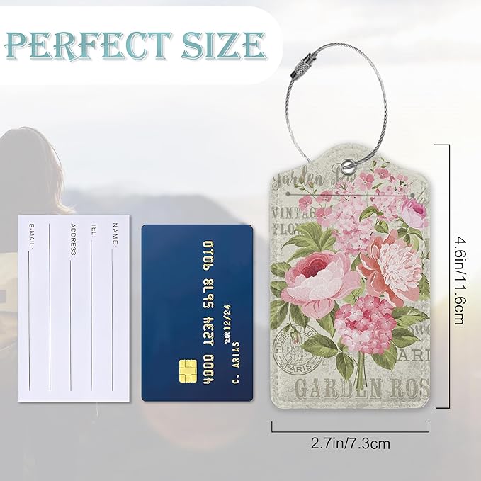 Luggage Tags for Suitcase,2 Pack Pink Rose Flower Vintage Luggage Tag Leather Privacy Cover ID Label with Stainless Steel Loop for Women Men Kids Girls Travel