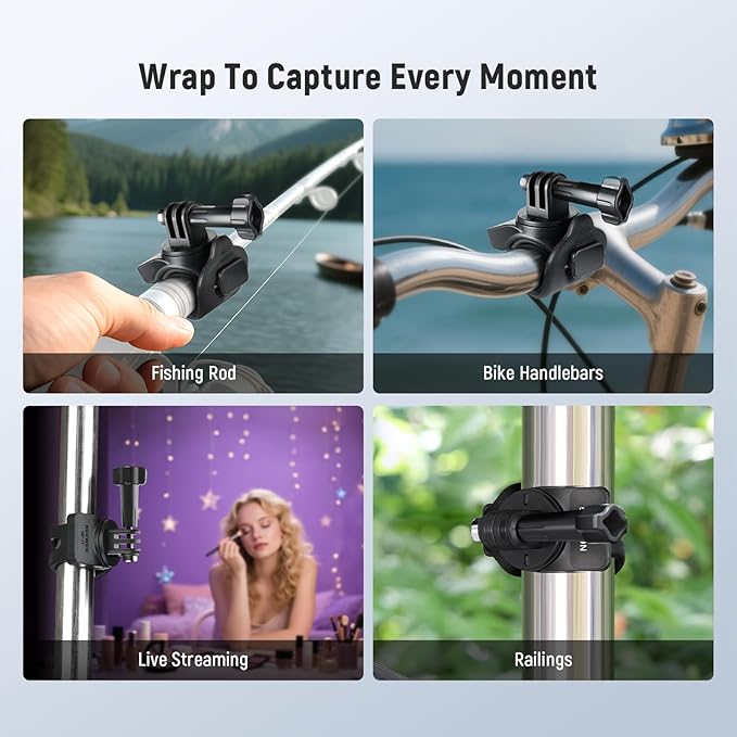 NEEWER Flexible Mount Wrap Band Compatible with GoPro DJI Insta360 Action Cameras, Motorcycle Bike Handlebar Roll Bar Tube Clip Holder Bracket Accessories for Photography Video Recording, GP-77 Black
