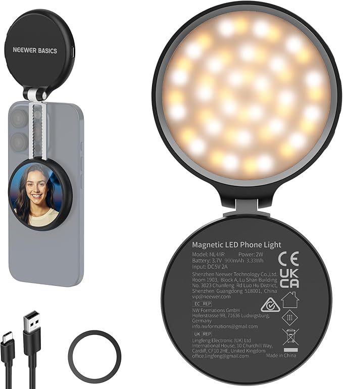 NEEWER Basics Magnetic LED Selfie Light Compatible with MagSafe iPhone, Desk Stand Phone Holder with Makeup Mirror 1160lx/0.2m 900mAh CRI95 Fill Lighting for Video Recording Streaming, Black NL48R