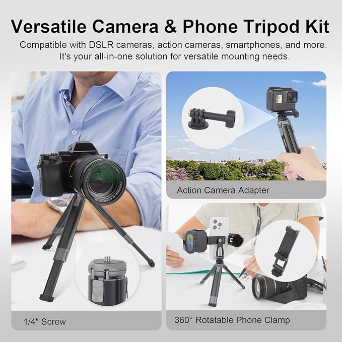 Mini Camera Tripod Kit, All Aluminum Desk Tripod with 360° Phone Holder for DSLR/Action Camera/Cellphone, Phone Tripod Stand Selfie Stick for Video Recording/Vlogging, Max Load 11lbs (SY027)