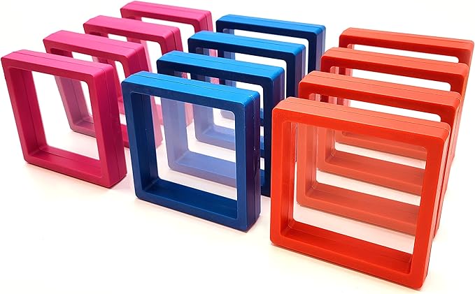 12PCS 3D Floating Frame Display Stand, Jewelry Box, Gift Box, Ornament Organizer, Small Travel Jewelry Box, PE Film Anti-Oxidation, Suspended Display Box Stackable (3.54*3.54，Type 3)