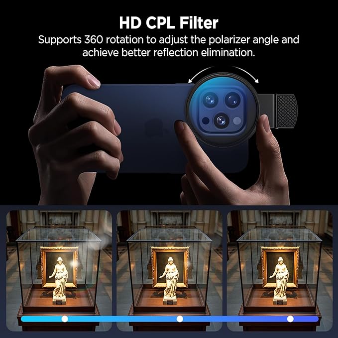 52mm Polarizing Filter for iPhone, Circular Polarized Lens with Upgraded Clip,Rotatable Cpl Filter Compatible with iPhone 16/15/14/13 Pro Max Samsung Moto Google TCL Phone