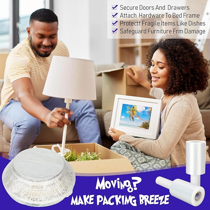 Sherr 12 Rolls 5 Inch x 800 Feet Clear Stretch Shrink Wrap Film with Handle 80 Gauge Heavy Duty PE Industrial Plastic Wrap for Packing, Moving, Furniture & Pallet, Self Adhering Packaging Film