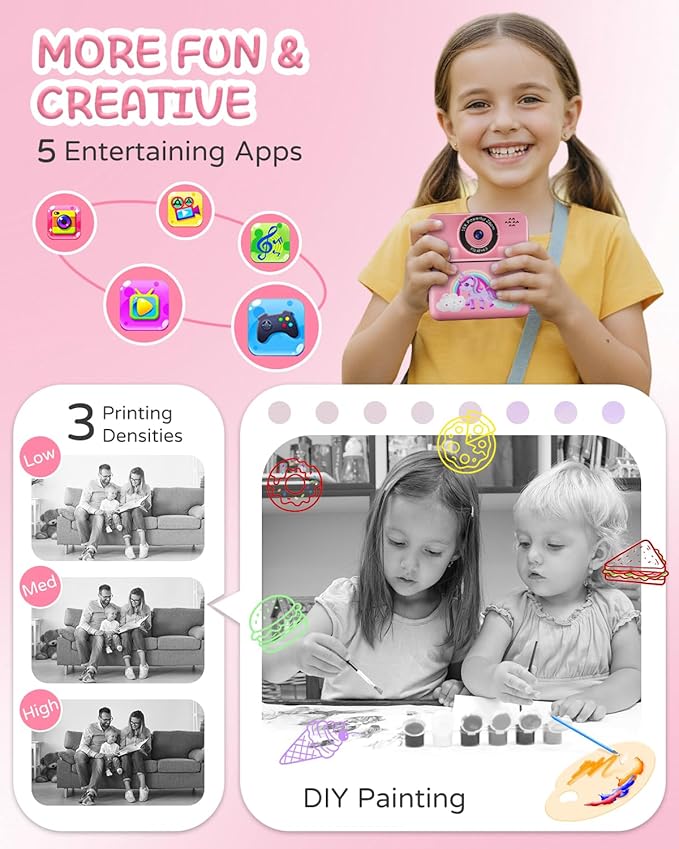 Instant Print Camera for Kids, Digital Selfie Cameras with Carry Case & 5-Color Paper, Portable Toddler Toy Christmas Birthday Gifts for 3 4 5 6 7 8 9 10 11 12 Year Old Girls - Pink