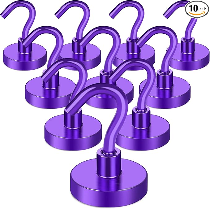 MIKEDE Magnetic Hooks, 50Lbs+ Heavy Duty Magnet Hooks for Cruise Cabins, Super Neodymium Hanging Hooks Strong Magnets with Hook for Fridge, Magnetic Hanger for Grill, Toolbox, Storage(Purple, 10 Pack)