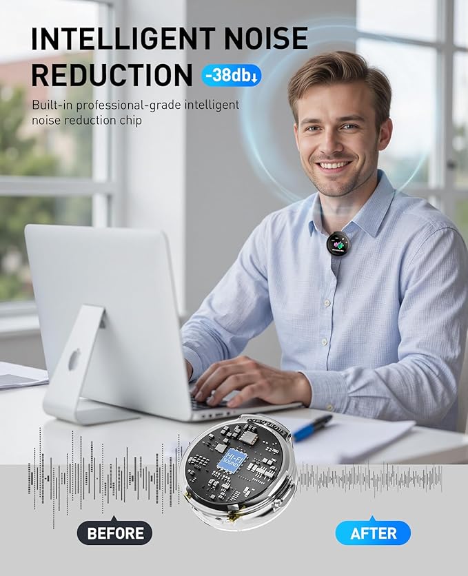 Wireless Lavalier Microphone for iPhone: Mini Microphones for Android Equipment - Noise Reduction Lapel Mic for Professional Recording - 80h Battery Life - 48KHz Studio Sound