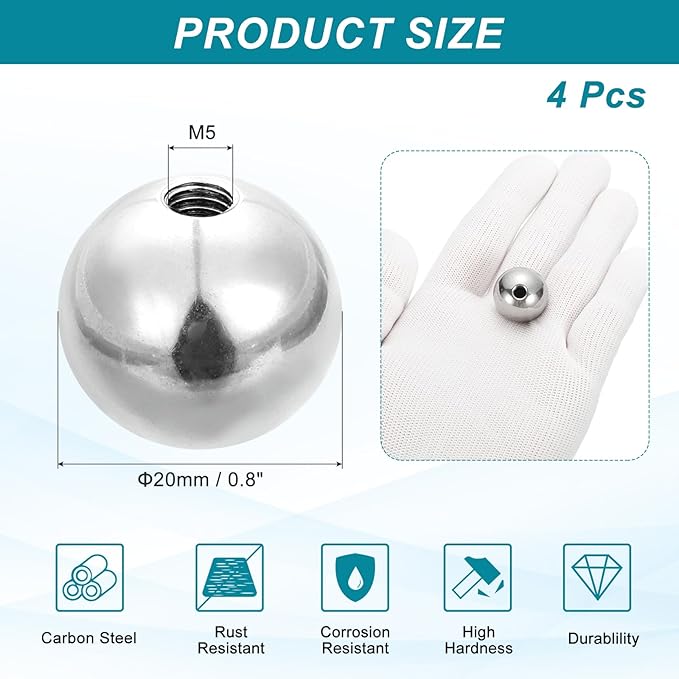 PATIKIL 4Pcs 20mm Ball Nuts Knob, M5 UNC Female Threaded Steel Swivel Ball Joint Adapter Converter for Super Clamp Camera Hot Shoe Mount Light Tripod Phone Holder, Silver