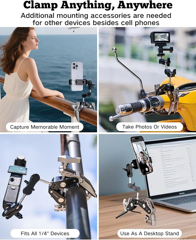 HEIPI Super Clamp Phone Camera Mount Holder 2-in-1 Clamp & Stand Design with 360°Rotation Long Magic Arm with Phone Clip Mount Adapter Holder Max Clamping 3.93 inch