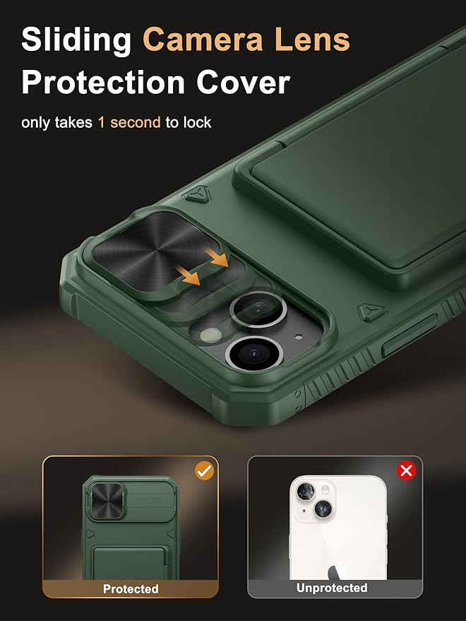 Vihibii for iPhone 15 Plus/iPhone 14 Plus Wallet Case, Built-in Card Holder (4 Cards), [RFID Blocking] & Slide Camera Cover, Military Grade Drop Protection, TPU Soft Edge Wallet Phone Case, Green