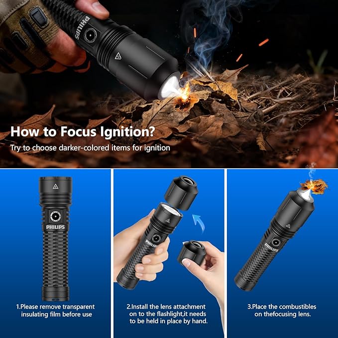 Philips Rechargeable Flashlights High Lumens with Ignition Lens,13000lm Professional Smart Super Bright Flashlight with Stepless Dimming&Smart Memory,Waterproof,Powerful Handheld LED Flash Light