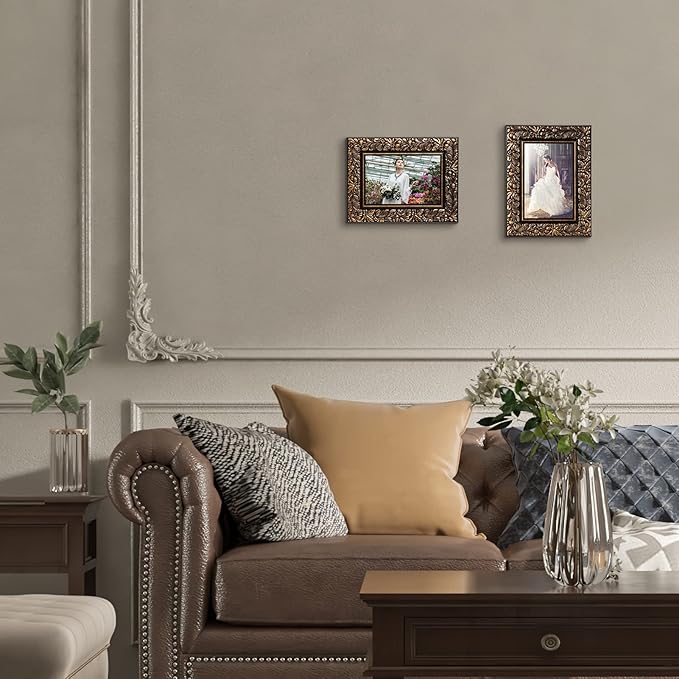 Edenseelake 4x6 Picture Frames Set of 2, Vintage Flower Relief Photo Frame 4 by 6 for Tabletop or Wall Display, Black-Gold