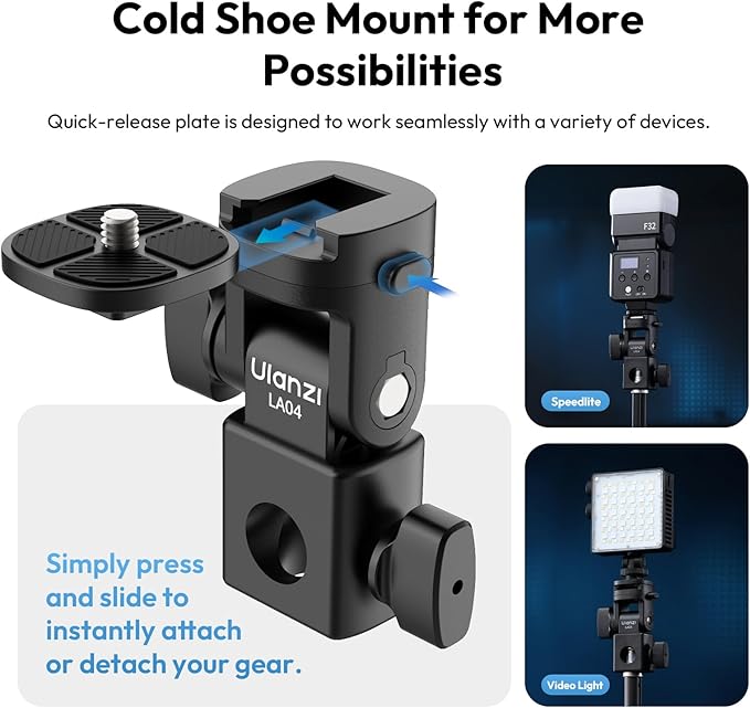 ULANZI LA04 Light Stand Mount Adapter with 1/4” Screw, Quick Release Mounting Plate for Camera Monitor Ring Light, Fits Flat Head Light Stand/Boom arm/C Stand, 180° Tilt Max. Load 6.6lb/3kg