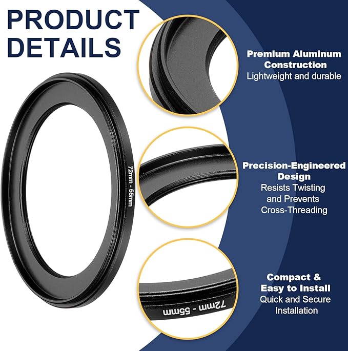 PATIKIL Step Down Ring Adapter 72mm to 55mm, Filter Step-Down Rings Camera Lens Filters Metal Ring Digital for ND IR DSLR Lenses, Black