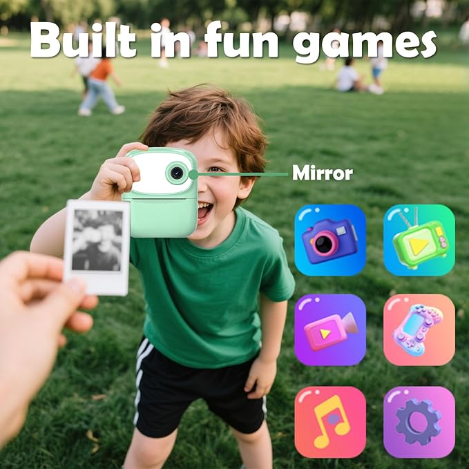 Kids Camera Instant Print for Kids with Mirror, HD Dual-Lens Selfie Digital Camera with 3 Rolls Print Paper & 32GB Card, Holiday Birthday Gifts Toys for Girls Boys Toddler. (Green)