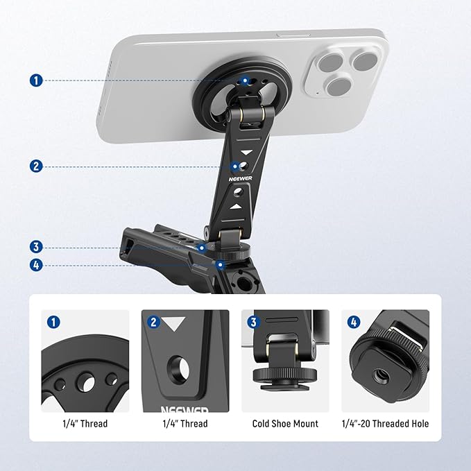 NEEWER Magnetic Phone Tripod Mount with Cold Shoe, Metal Portable Smartphone Holder Adapter for Tripod Camera Mounting Compatible with MagSafe iPhone Samsung Huawei Android for Video Recording, DS031